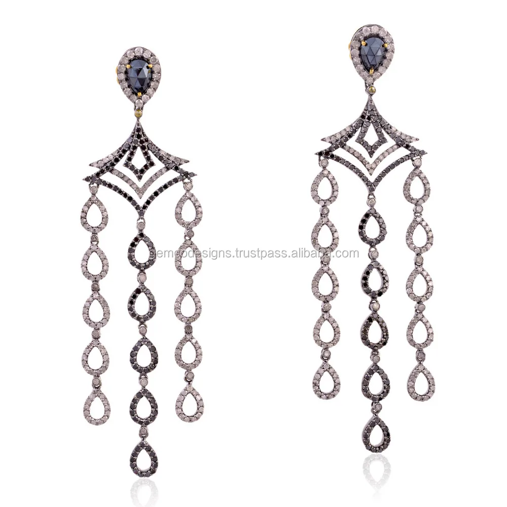 Handmade Black Onyx Diamond 18kt Gold 925 Sterling Silver Chandelier Women Earring Jewelry