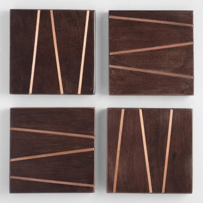 Modern Wood Square Coaster S/4, Wooden Coaster Set/4 With Square Shape And Metal Stripped Inlay Design