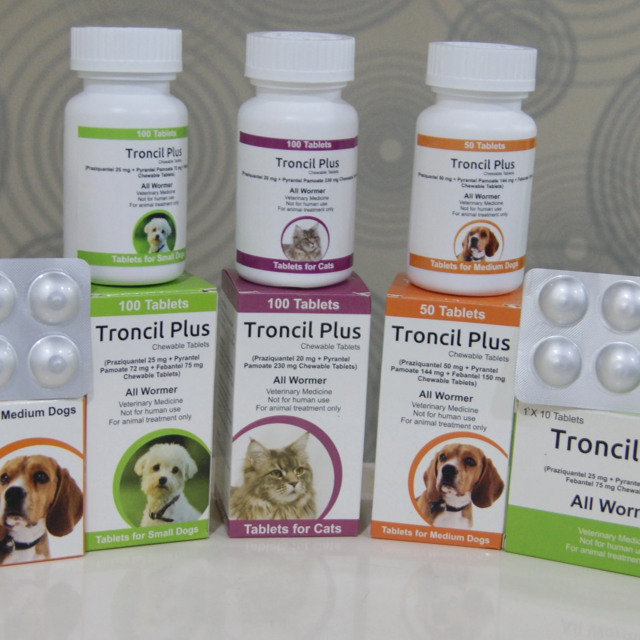 
Praziquantel + Pyrantel Pamoate + Febantel Chewable Tablets 