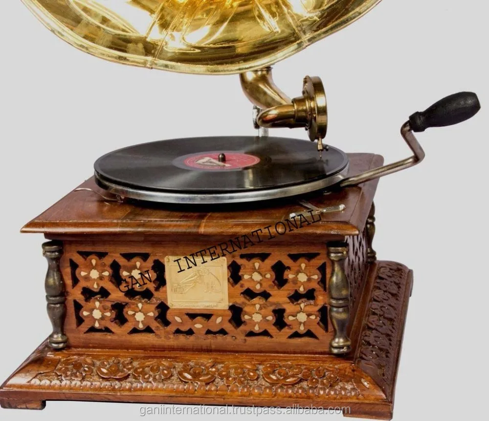 Antique Brass Gramophone Vintage Original Musical Box Phonograph with wooden Base