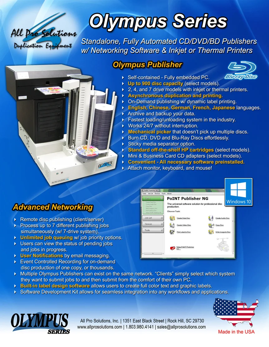 All Pro Solutions Olympus 4H Automated CD DVD Publisher w/ Built-In PC, SpeedJet Inkjet Printer & 420 Capacity