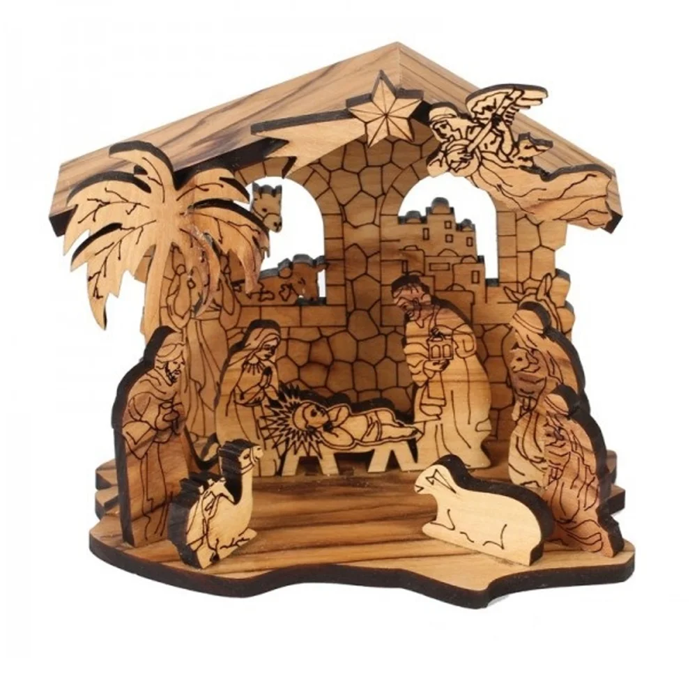 olive wood engraving nativity scene/Bethlehem wooden Christmas nativity