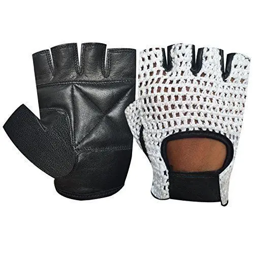 Real goat Skin leathers Retro knitted mesh Cycling Gloves Half finger Genuine Leather Black and white Back Cycling Glove