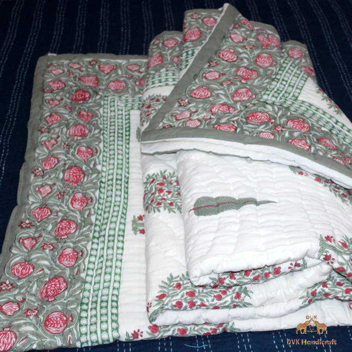 Hand Block Printed Blanket Indian Jaipuri Quilt Cotton Bedspread Handstitched Handmade Reversible Bedcover