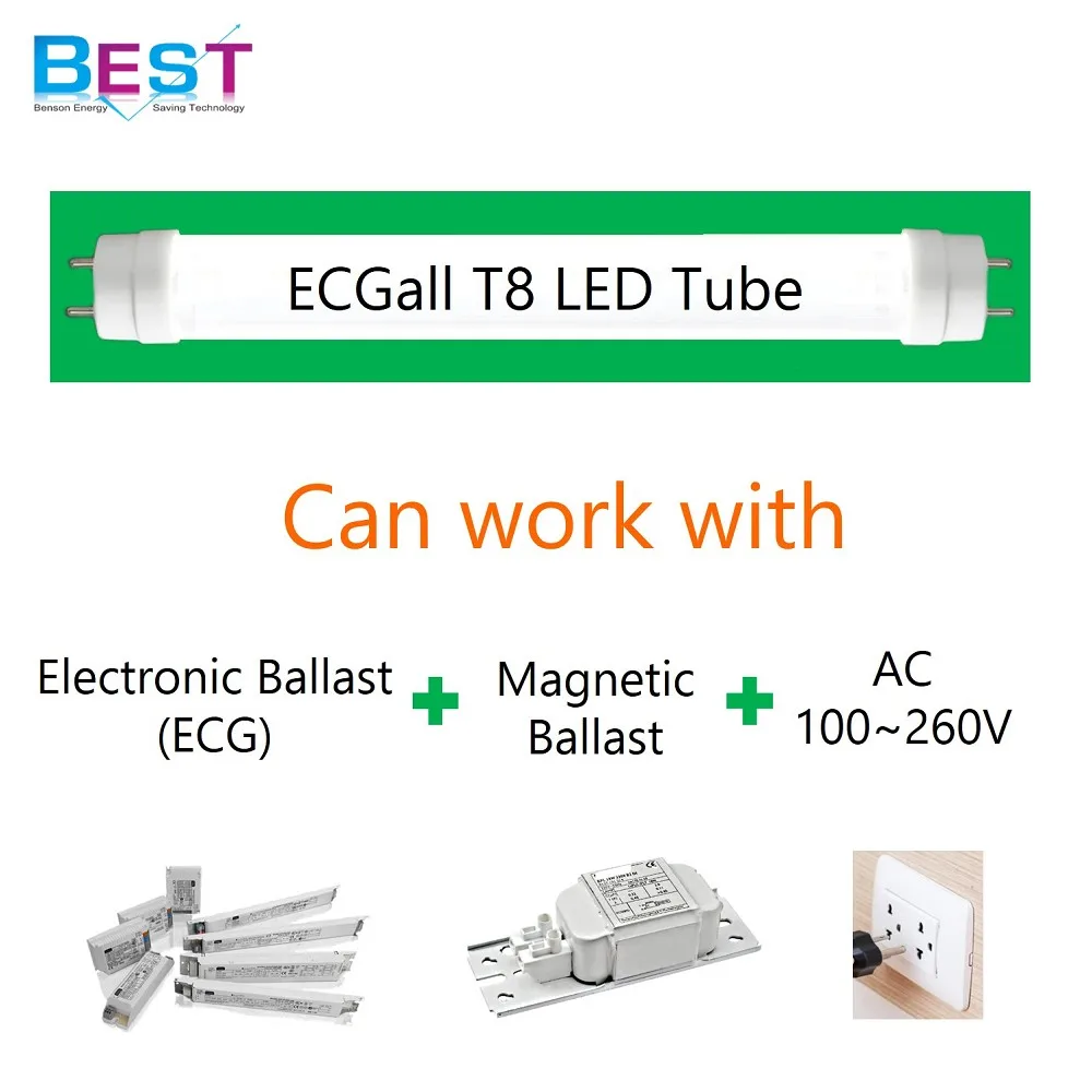 BSET ECGall T8 LED retrofit for replacing double end T8 2ft, 3ft, 4ft, 5ft FL, Hybrid function. with Ballast or without ballast