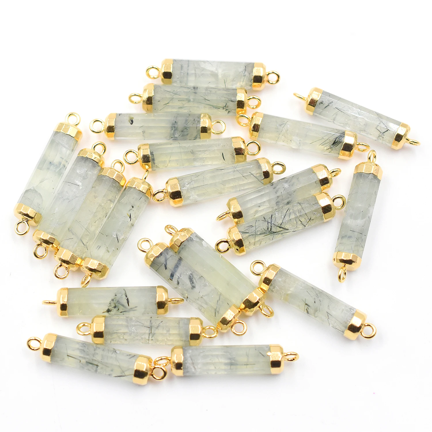 Prehnite 24 To 26 MM With Bail Tube Shape Gold Plated Connector