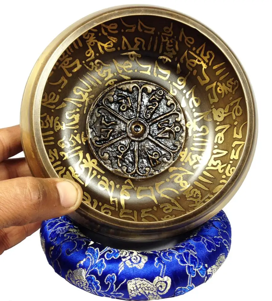 Handmade Mantra Carved Art with Dice Tibetan Singing Bowl 7 Metals for Chakras Healing Mind Controlling