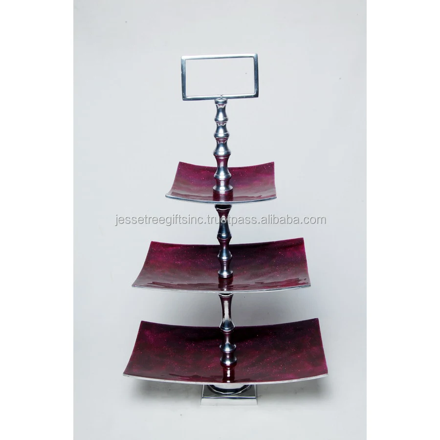Metal Cake Stand With Nickel Plating & Pink Enamel Finishing Three Tiers Square Shape High Quality For Serving Wholesale Price