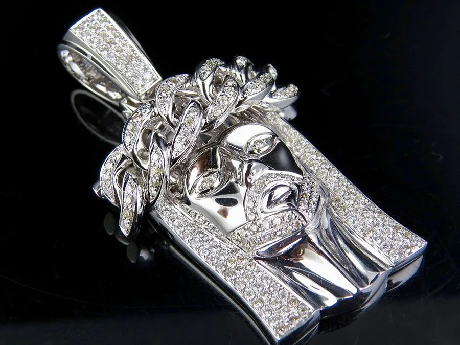 3.25 Carats 100% Natural Diamonds Cuban Link Crown Jesus Pendant 14k White Gold , hip hop jesus pendants