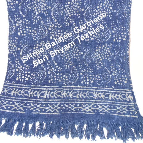 Fair Trade Indian Recycled Cotton Woven Indigo Blue Block Print  Sofa Settee Bedspread Fringe Blanket Throw 130x170cm