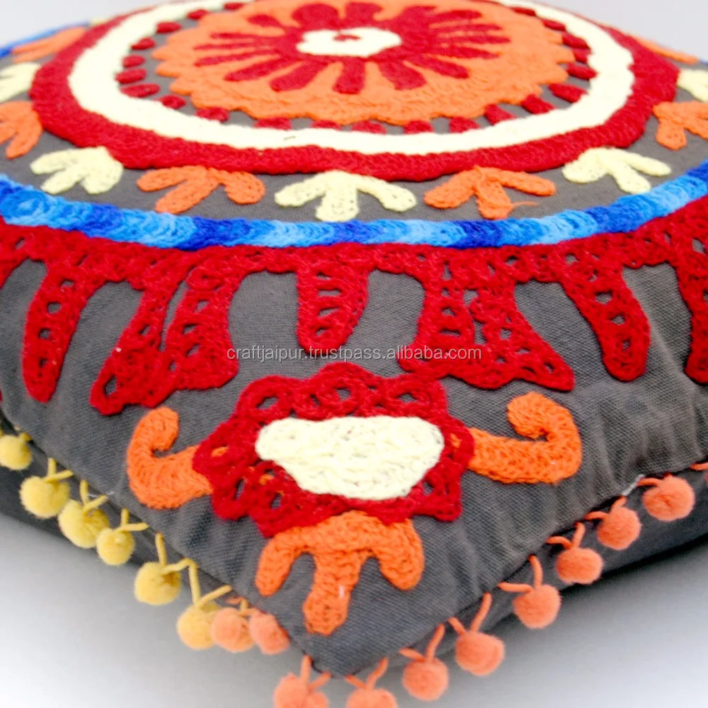 Beautiful Indian Suzani Embroidery Cotton Cushion Cover Decorative Home For Sofa Gray Handmade Throw Pillow Cases Wholesale