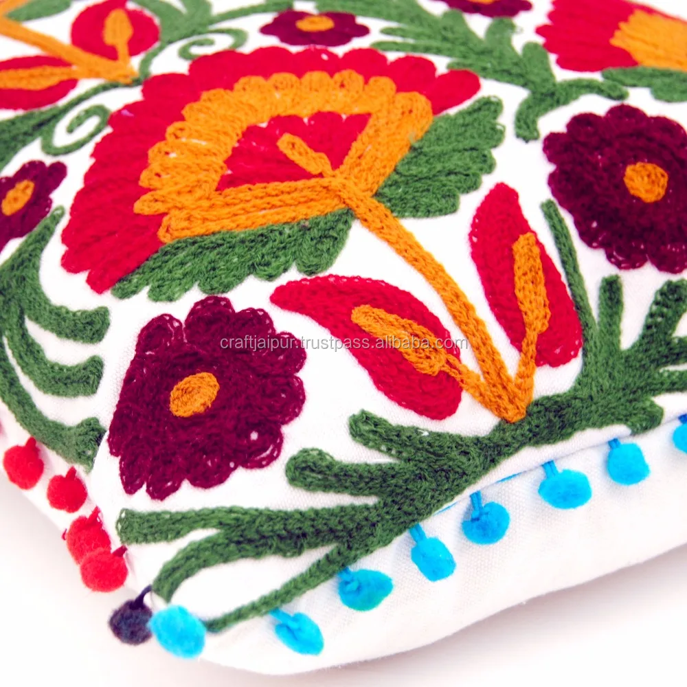 Tropical Suzani Woolen Embroidery Handmade Bedding Square Pillow Cases White Cotton Sofa Decorative Cushion Cover Wholesale
