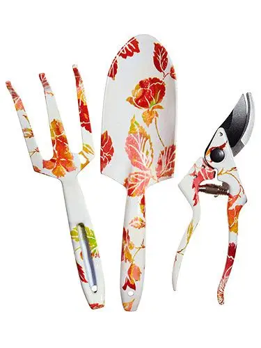 C&C 3 Piece Gardening Tool Set - Purple Floral Print Vegetable Flower Gardening Tool Kit Hand Trowel Rake and Pruning Shears