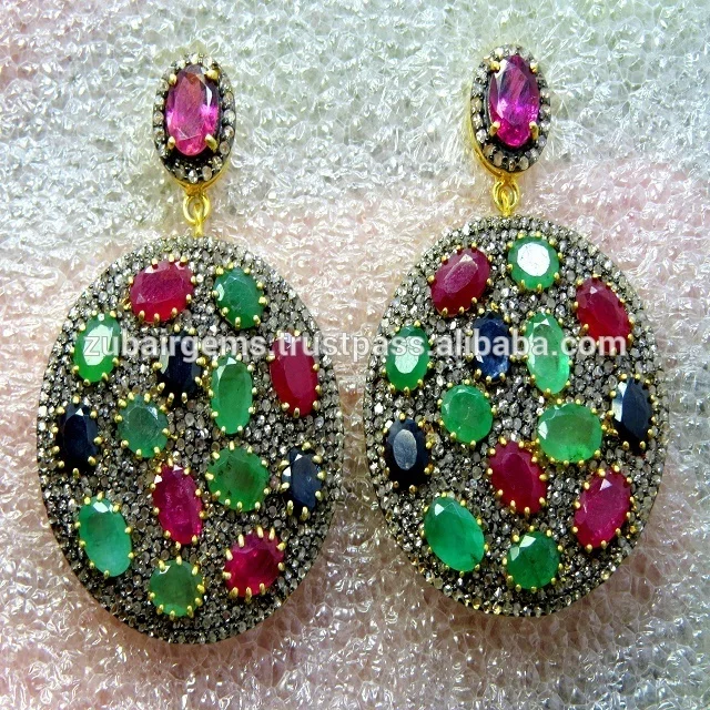 Natural Blue Sapphire & Diamonds Emerald 925 Sterling Silver Earring