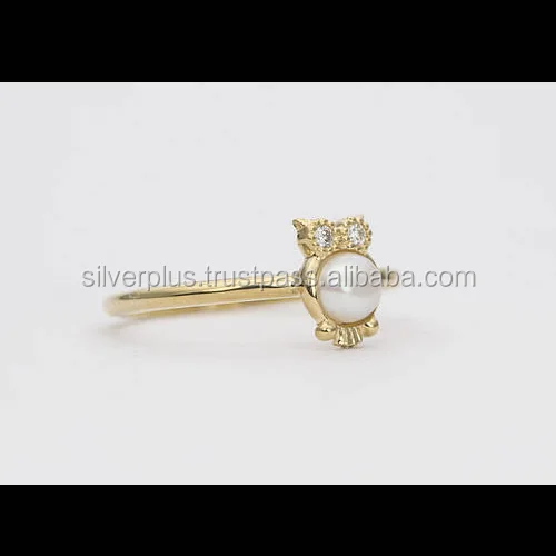 14K Solid Yellow Gold Pearl Gemstone Pave Diamond Vintage owl Ring Manufacturer