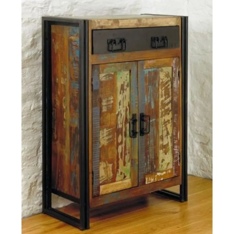 Industrial & vintage solid old reclaimed wood & Iron metal 2 door 1 drawer storage Cabinet