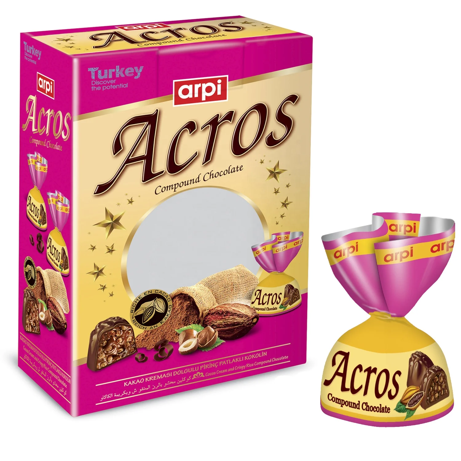 
Acros: Compound Chocolate Filled With Cocoa Cream and Crispy Rice 2 KG Box 4 Colors 