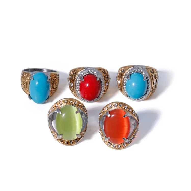 Women Fashion Stainless Steel Jewelry Retro Natural Stone Rose Quartz Agate Turquoise Lapis Lazuli Ring For Men