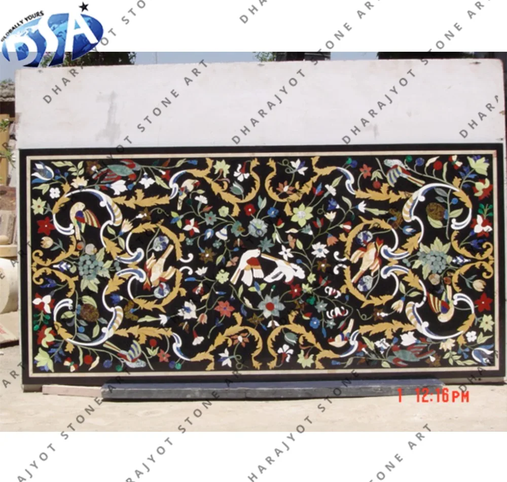 Indian Antique Art Marble Inlay Dining Table Top, Black Marble With Natural Stone Indian Design Table Tops