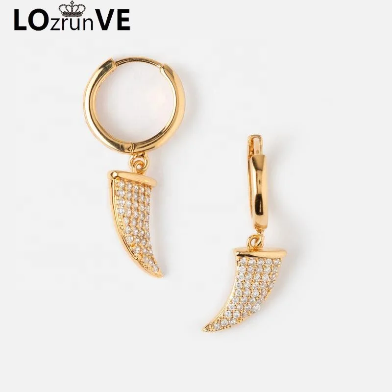 925 Sterling Silver Findings Statement Crystal CZ Horn Tusk Dangling Gold Earring