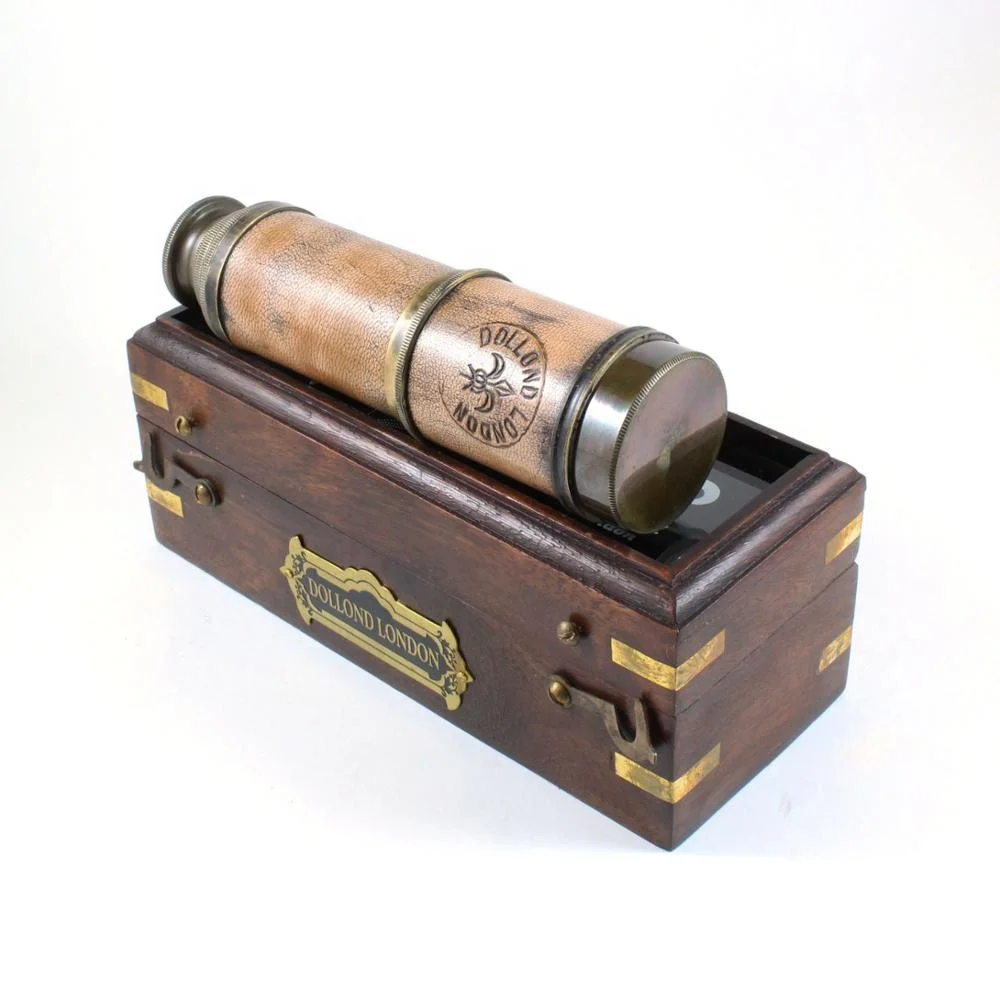 Dollond London Antique Vintage Finish Brass 18 Inch telescope in Wooden Square Box with Leather Grip