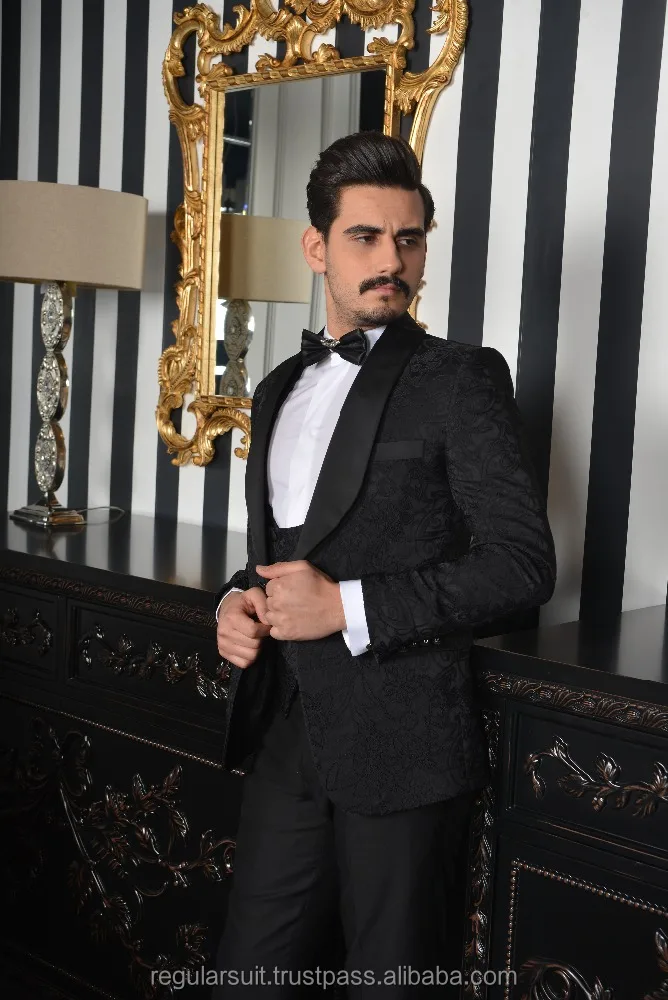 
2018 3 Pieces Patterned Navy Men Black Wedding Suit 