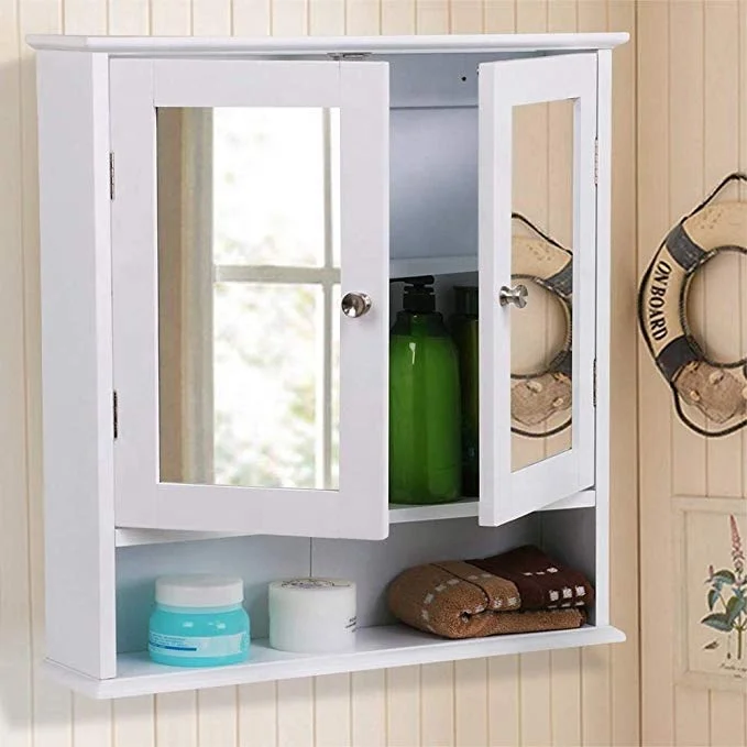 Cabinets Wooden Bathroom Wall Cabinet with Double Mirror Doors Adjustable Shelf White