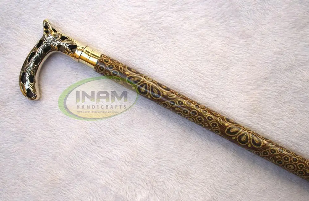 Wooden vintage walking stick printed with brass derby handle / Wooden walking canes printed with brass derby handle handmade