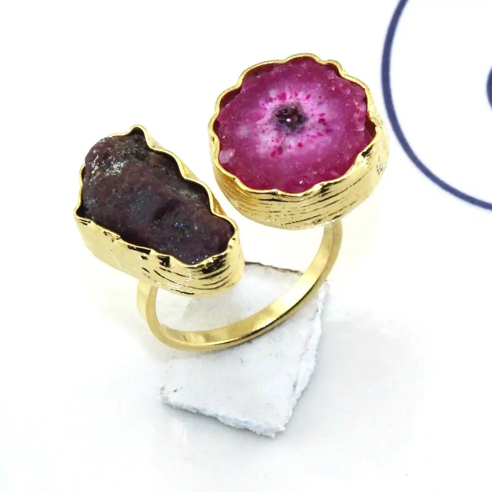 Fashion wedding natural solar quartz & ruby gemstone ring 24k gold plated texture finish collet setting open ring gift for women