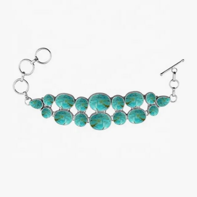 Real Solid 925 Sterling Silver Bracelet Turquoise Gemstone Indian Handmade Gold Plated Silver Jewelry Gift Charm Bracelets