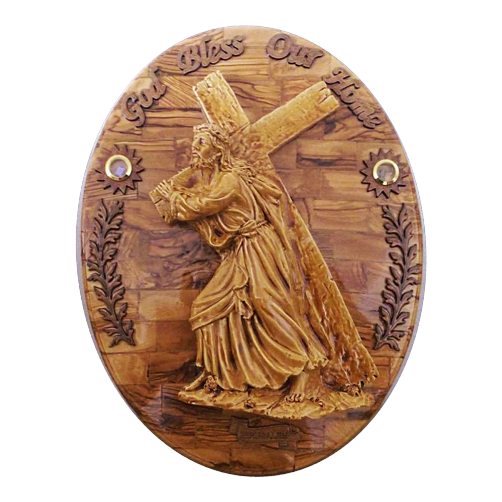 Home blessing-Olive wood god bless our home wall hanging plaque with Jesus carrying his cross