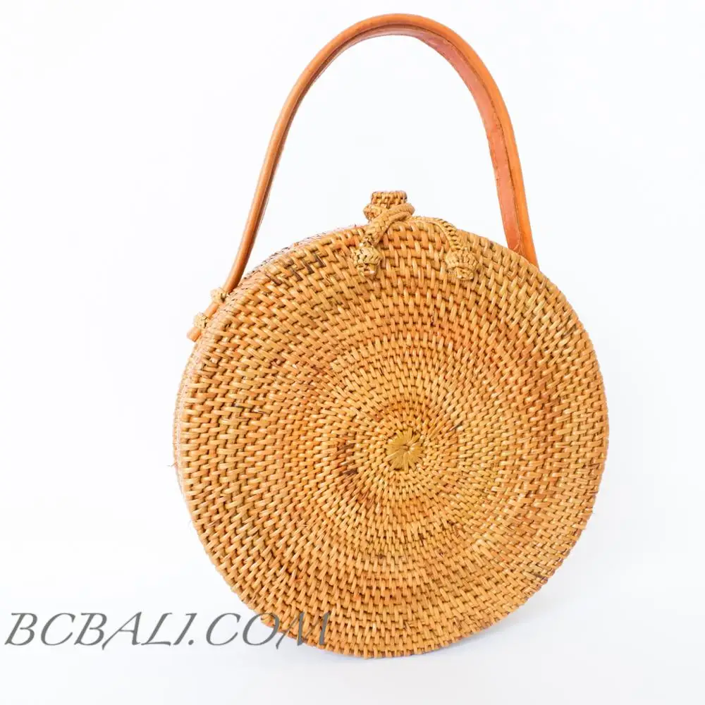 Fob Price Wholesale Tote Straw Rattan Circle Round Clutch Bag Handwoven Handmade Natural Leather Handle Bali Design