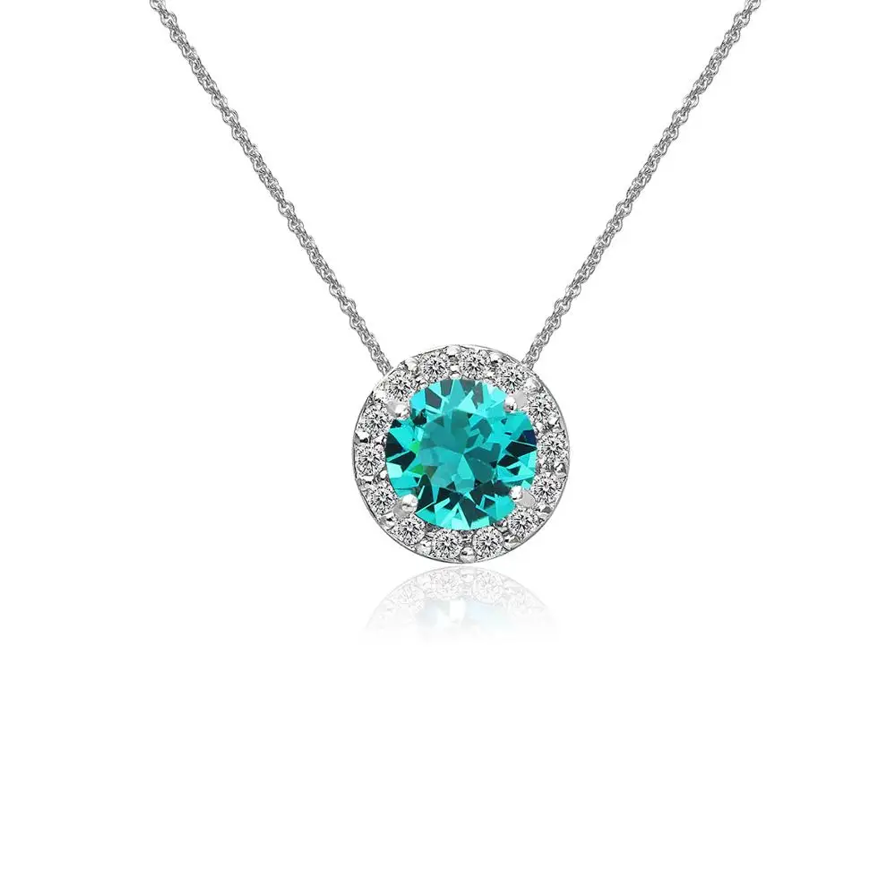 925 Sterling Silver Crystal Blue Zircon Round Halo Slide Short Choker Necklace