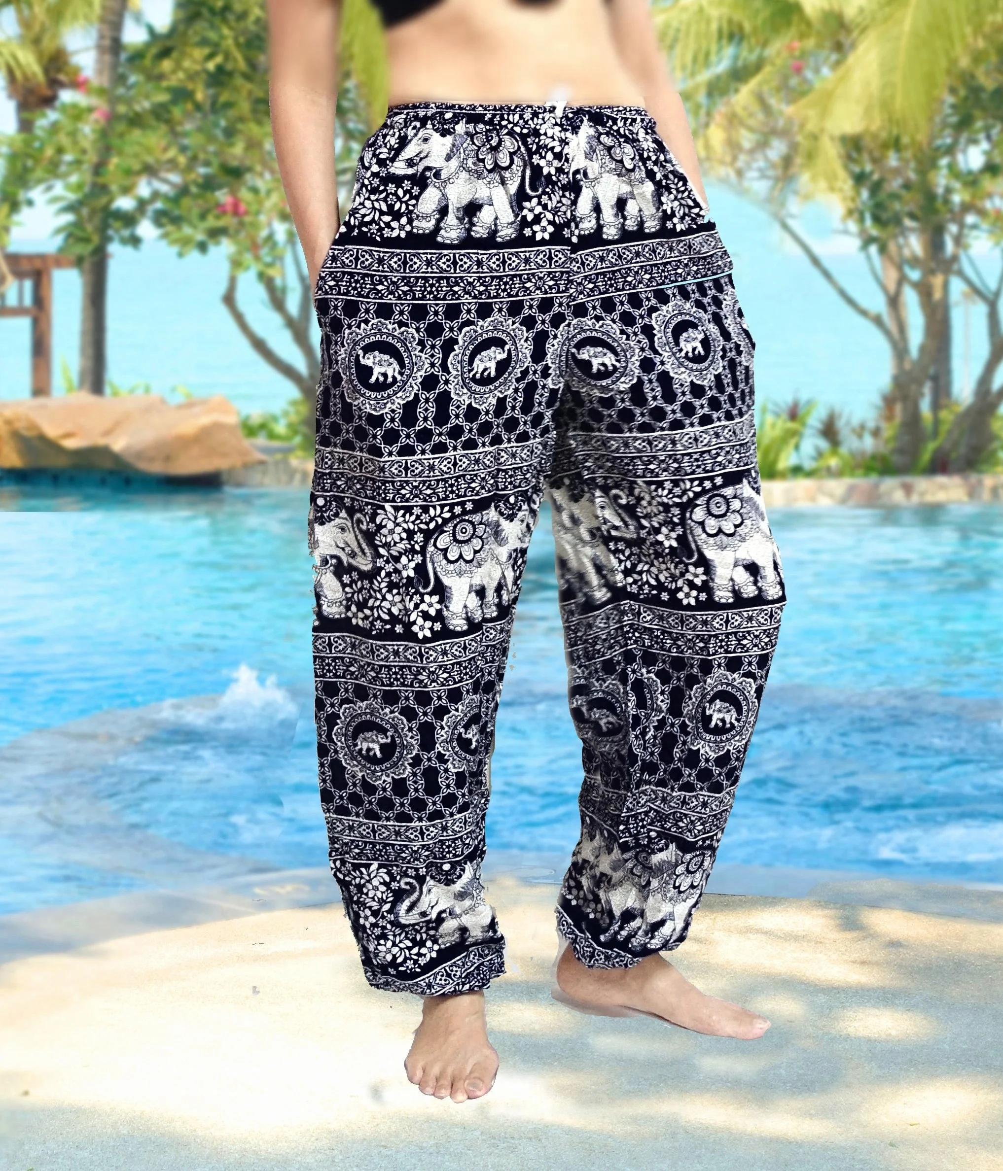 oriental fisherman RETRO INDIE HIPPIE BOHO yoga relax POLKA DOT thai art elephant print DRAWSTRING RAYON Harem PANTS