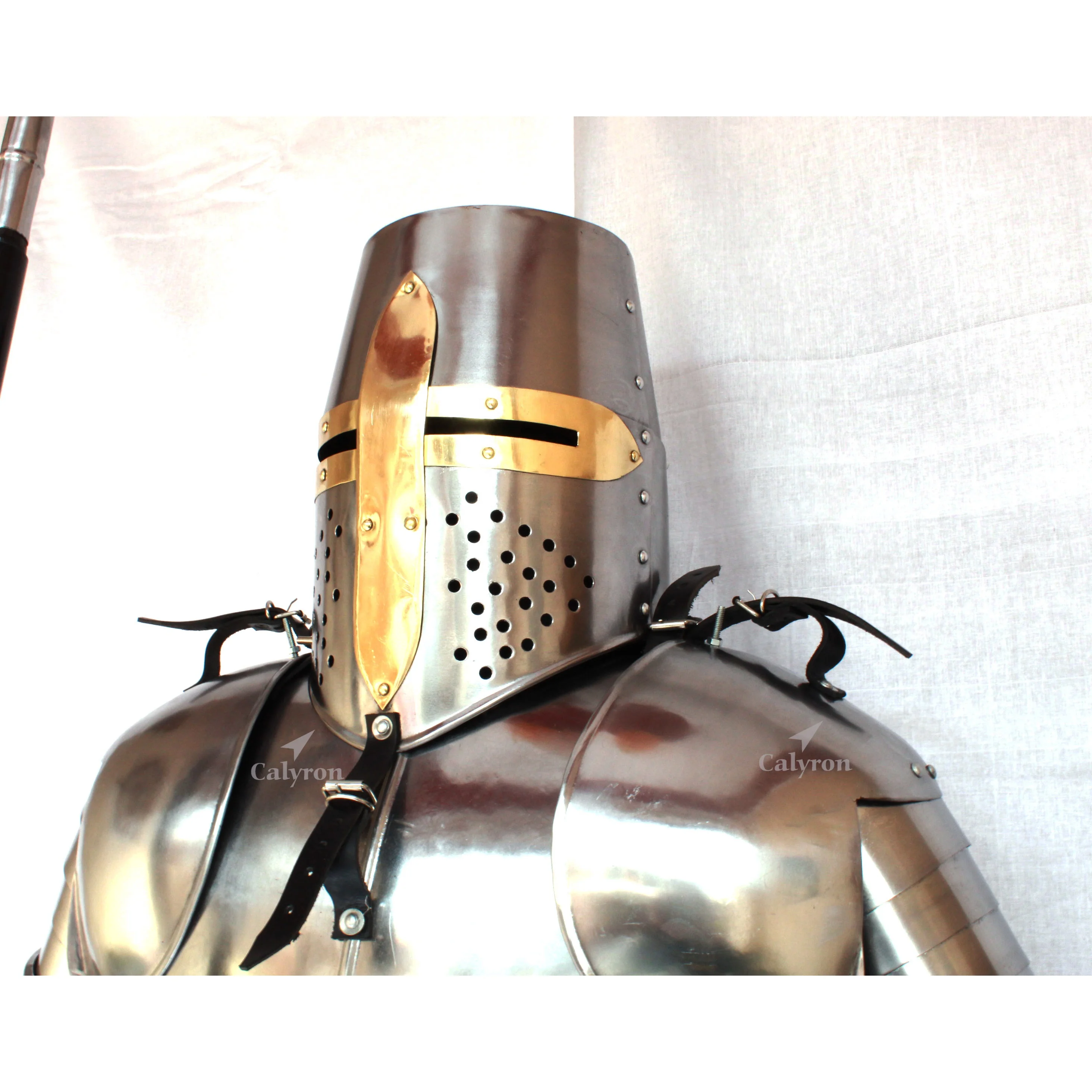 Metal Medieval Steel Armour Suit Sword Shield with Wooden Base Steel Frame