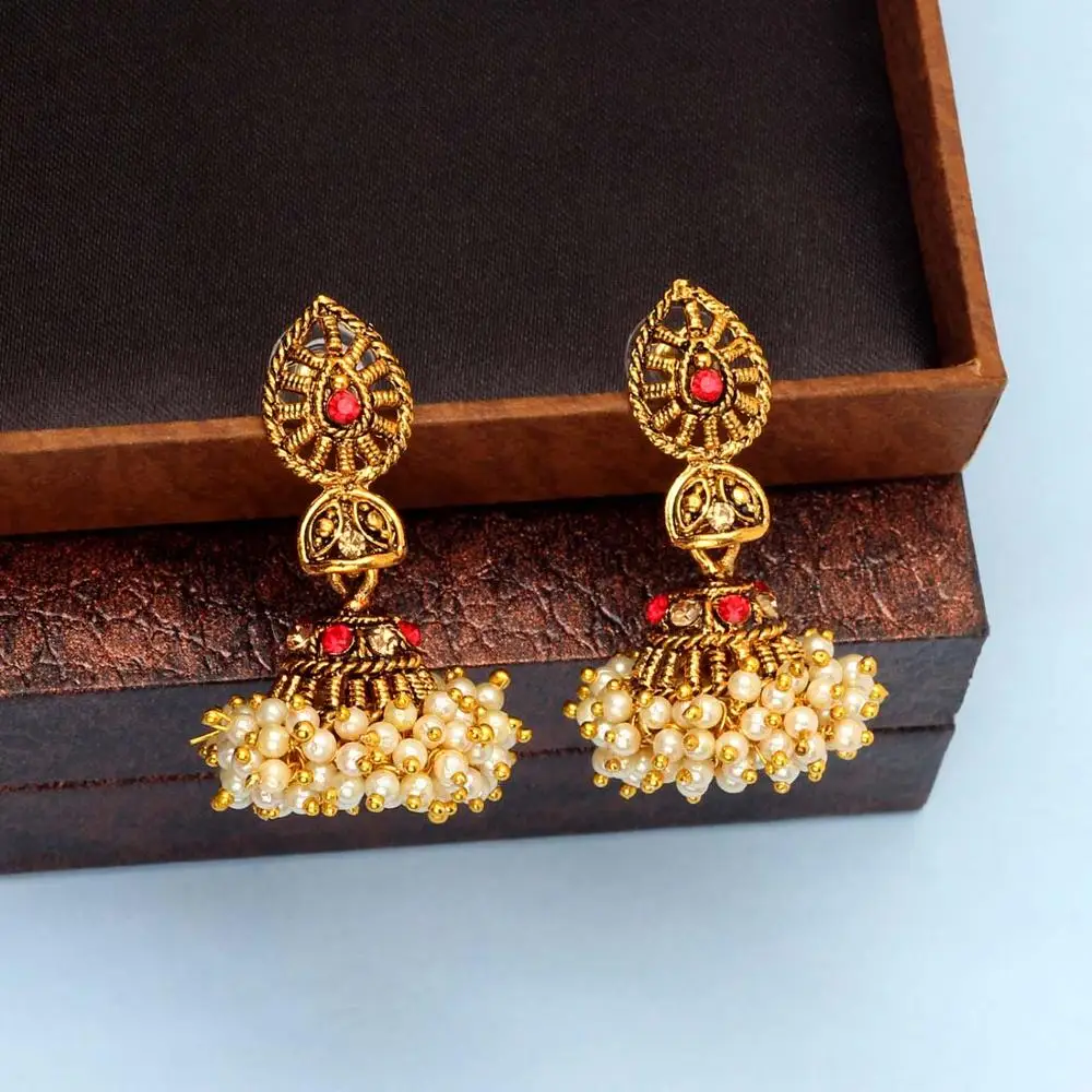 Latest Indian Jewelry Gold Color Glass Stone Kashmiri jhumka Earrings