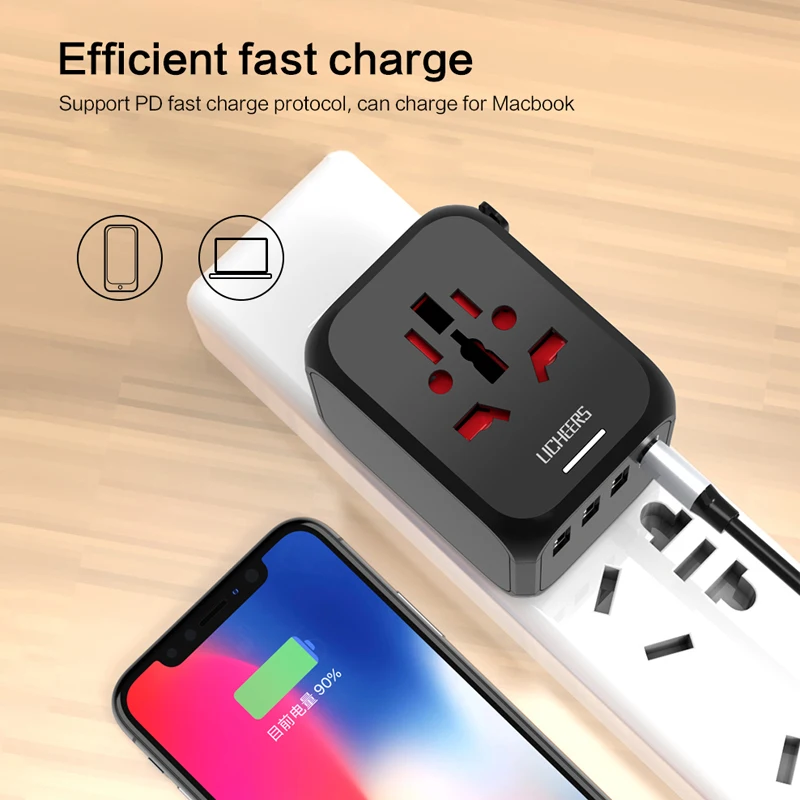 
Licheers All in One Usb Universal Travel Adapter Us Eu Plug Adapter Universal Travel Wall Plug Adapter Electrical Plug Black 