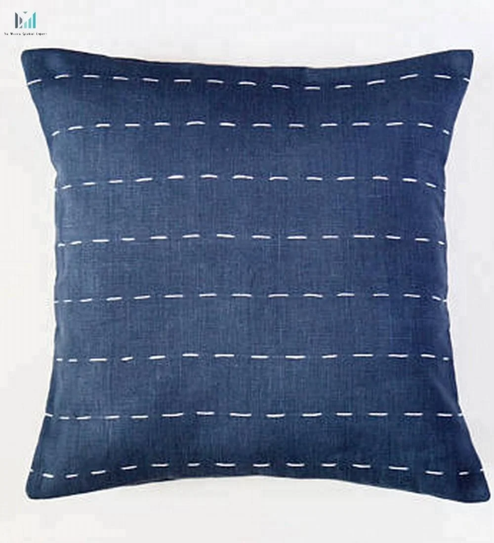 
Vintage Pure Linen Pillow Cover | Navy Color Wide Horizontal Lines embroidery with white thread 