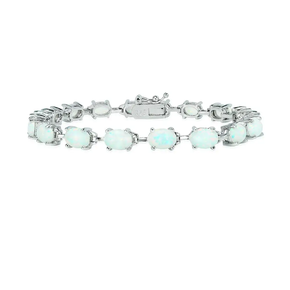 
925 Sterling Silver Simulated White Opal Oval-cut Tennis Bracelet 