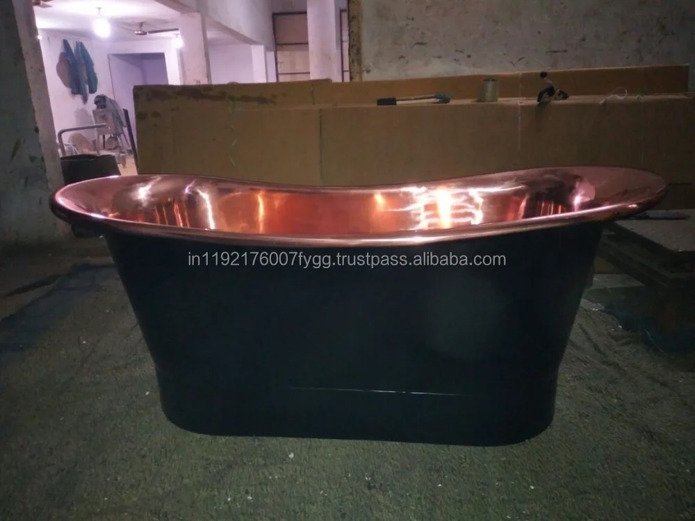 Copper Bath Tub in Black Finish ANTIQUE BLACK COPPER DOUBLE SLIPPER PEDESTAL TUB  POLISHED INTERIOR