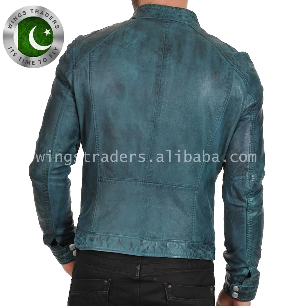 Mens European Style Waxed Leather Fashion Jacket / European style blue tight eco mens leather autumn jacket