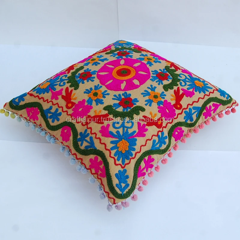 Home Textile Suzani Woolen Embroidery Cotton Square Cushion Cover Indian Handmade Light Brown Zipper Pillow Case Wholesale