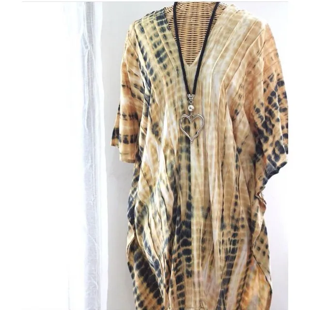 Women Rayon Summer Dress Beach Layer Boho Hippie Maxi Dress Tie & Dye Caftan Dress