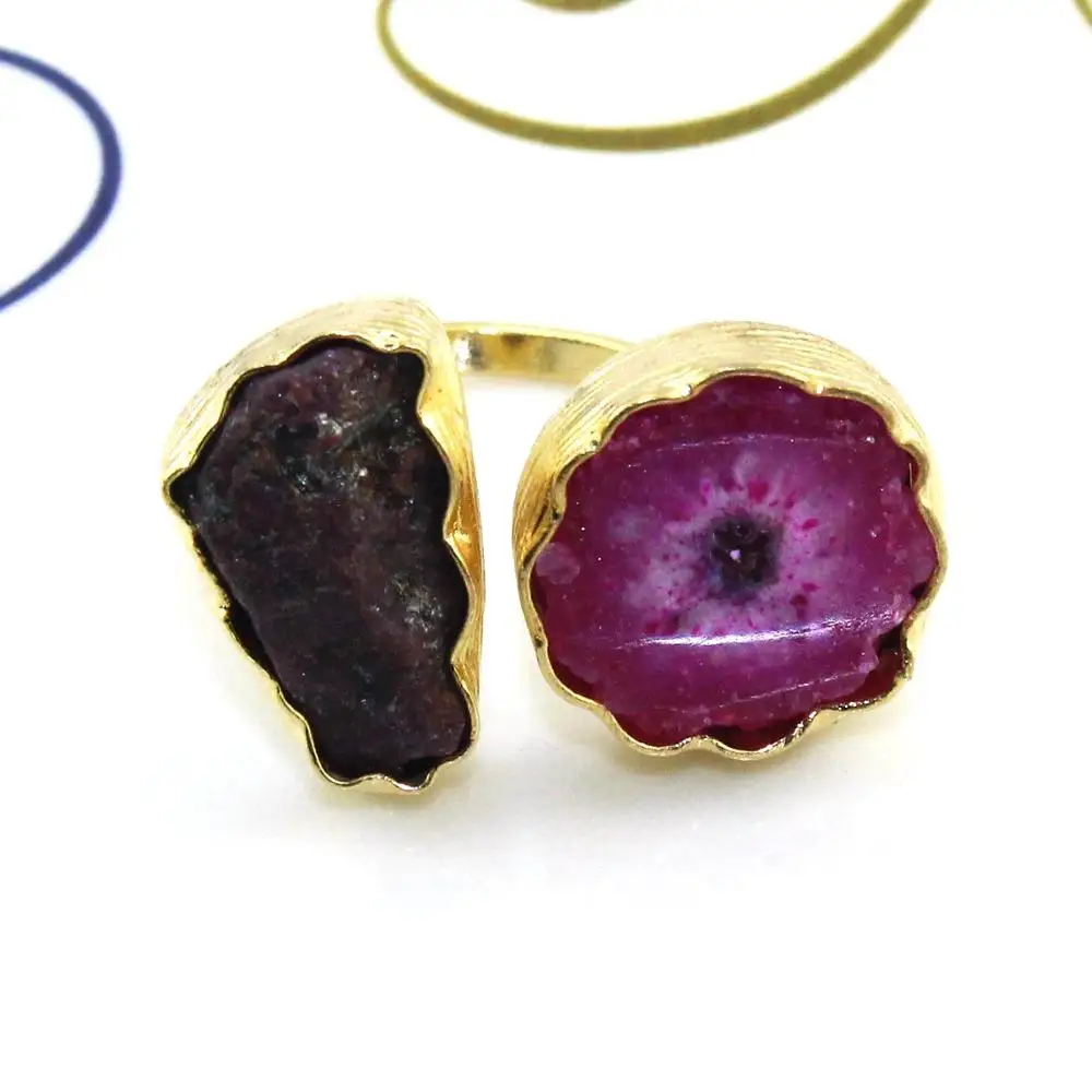 Fashion wedding natural solar quartz & ruby gemstone ring 24k gold plated texture finish collet setting open ring gift for women
