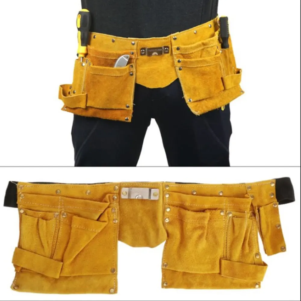 Cow split leather waist tool bag with pocket