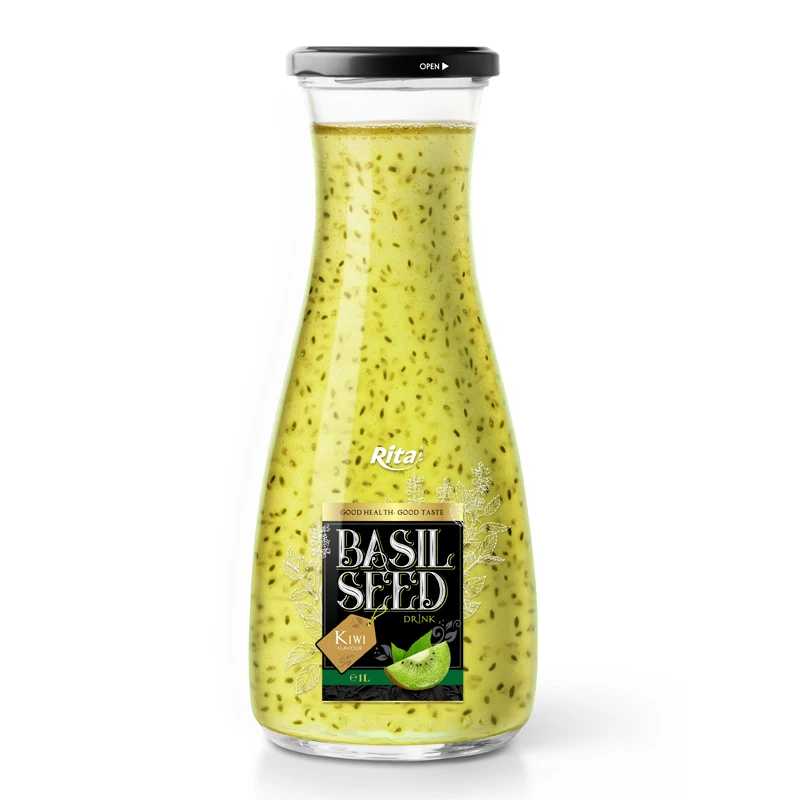 Sweet 1L Glass bottle Mix Fruit Flavor Basil Seed Drink Supplier Private Label Add Water Jus Cool Seed Beverage
