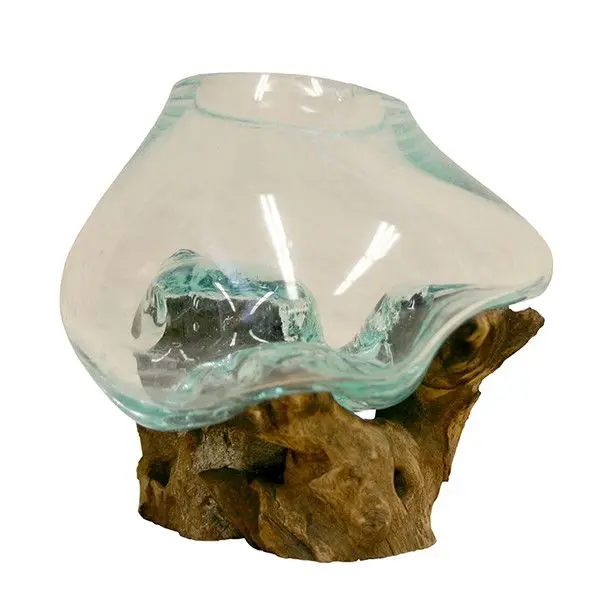 TEAK ROOT STAND WITH GLASS BOWL