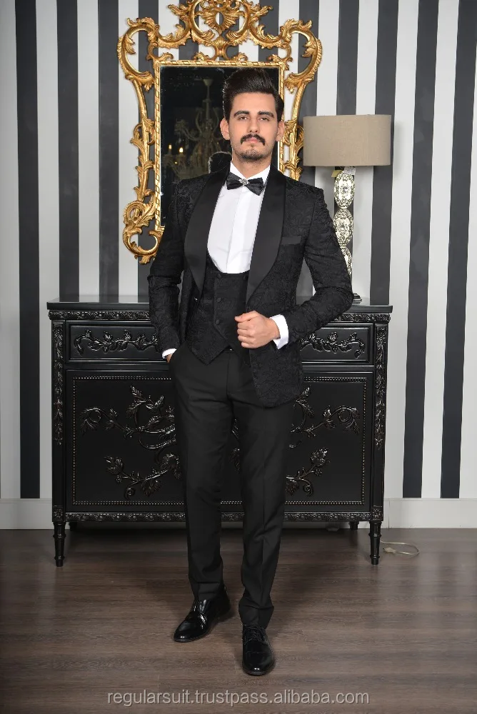 
2018 3 Pieces Patterned Navy Men Black Wedding Suit 