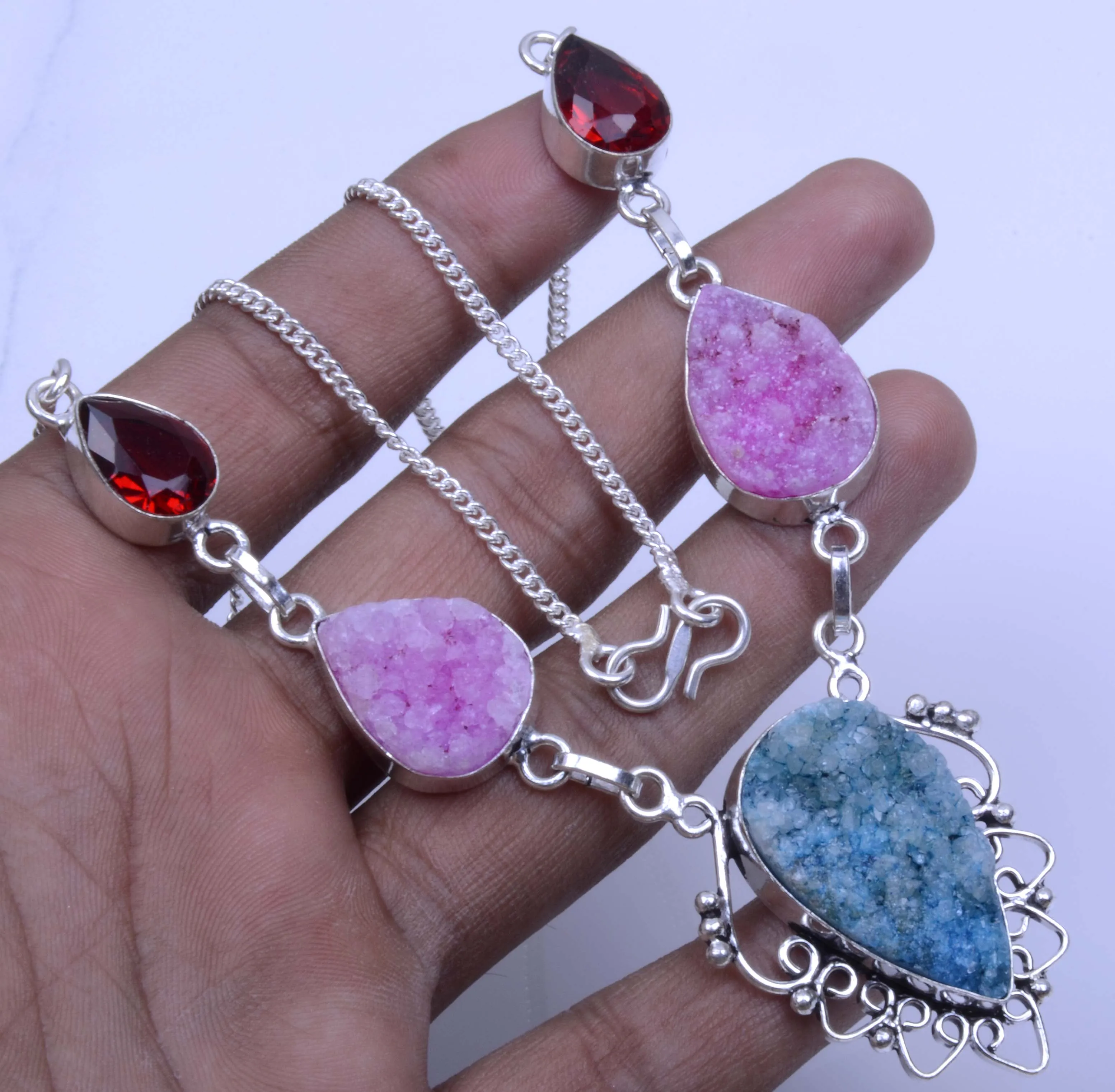 
worldwide latest design titanium druzy & garnet quartz gemstone handmade 925 silver plated necklace 