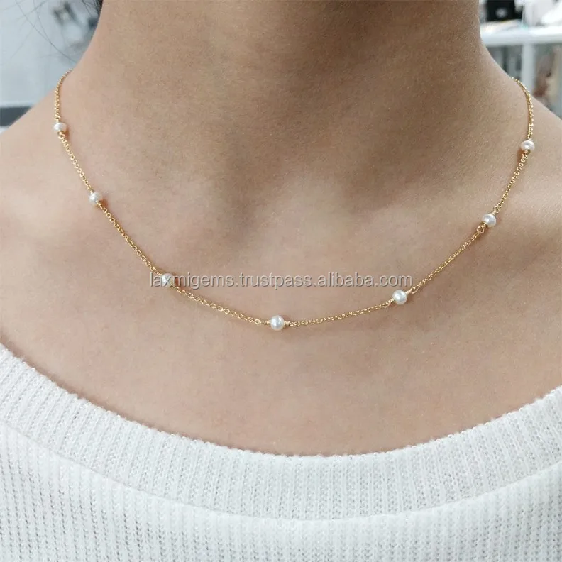 Natural freshwater pearl gemstone beads wholesale Jewelry 925 sterling silver chain necklace supplier